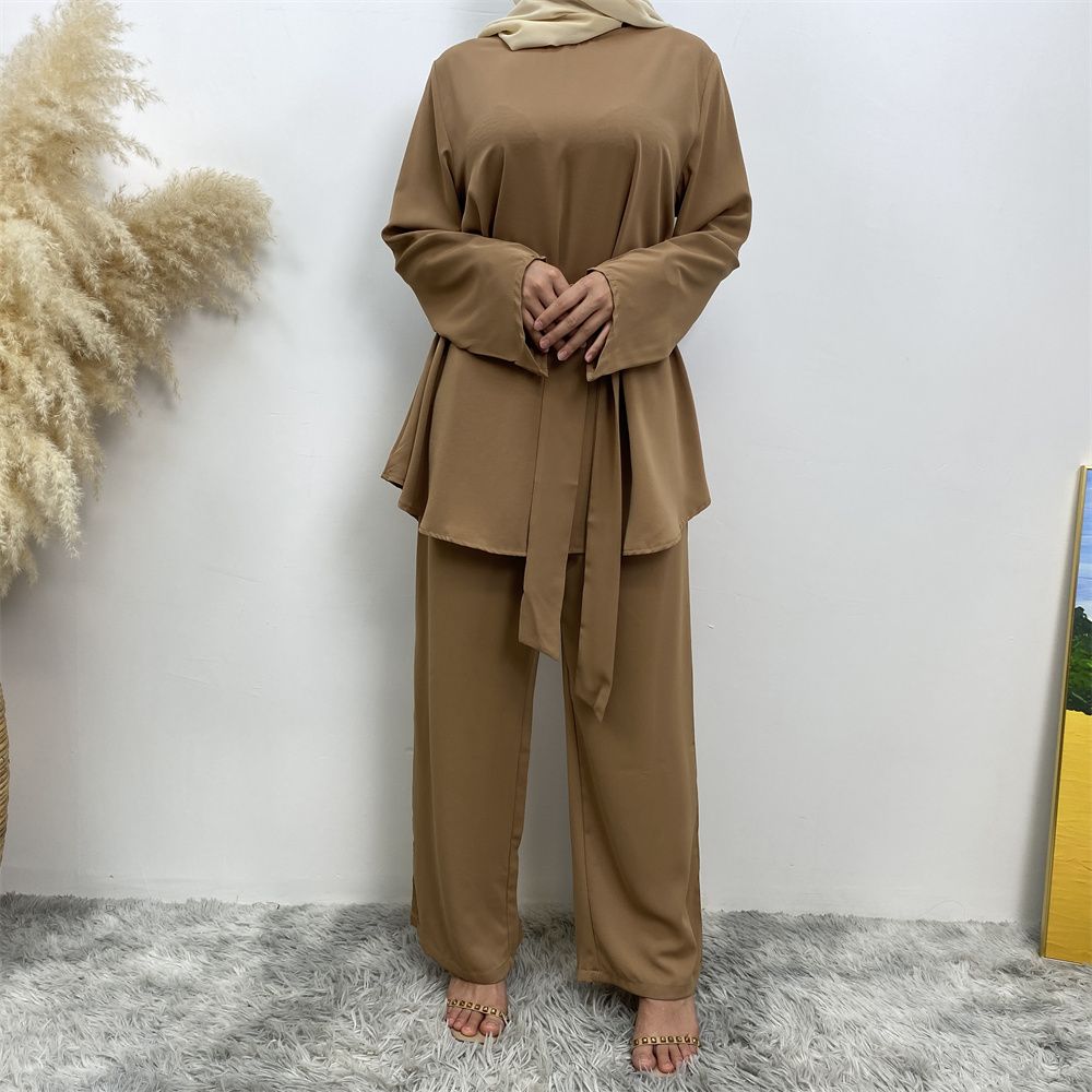 Middle Eastern fashion women's wear, simple wide-leg pants, Muslim lace-up suit, Islamic elegance suit
