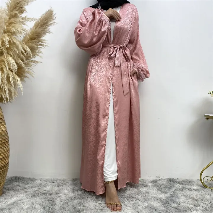 Middle Eastern women's fashion Muslim women's clothing, printed satin long-sleeved feather cardigan dress, long robe