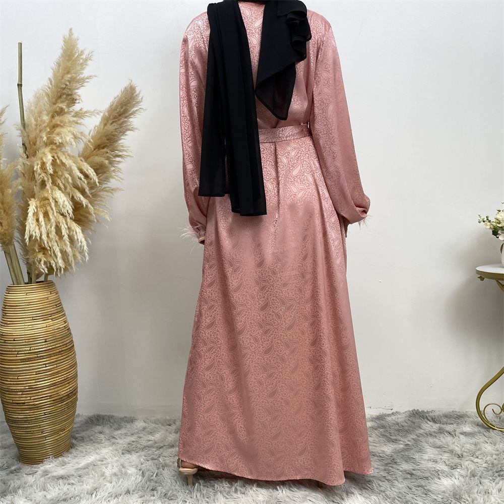 Middle Eastern women's fashion Muslim women's clothing, printed satin long-sleeved feather cardigan dress, long robe