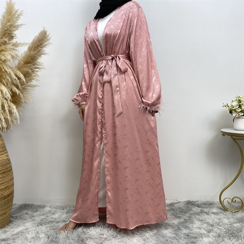 Middle Eastern women's fashion Muslim women's clothing, printed satin long-sleeved feather cardigan dress, long robe