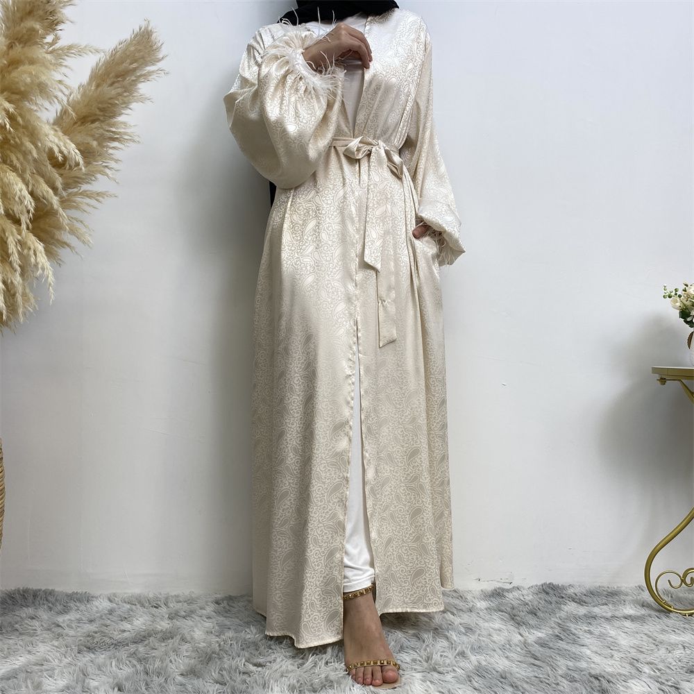 Middle Eastern women's fashion Muslim women's clothing, printed satin long-sleeved feather cardigan dress, long robe