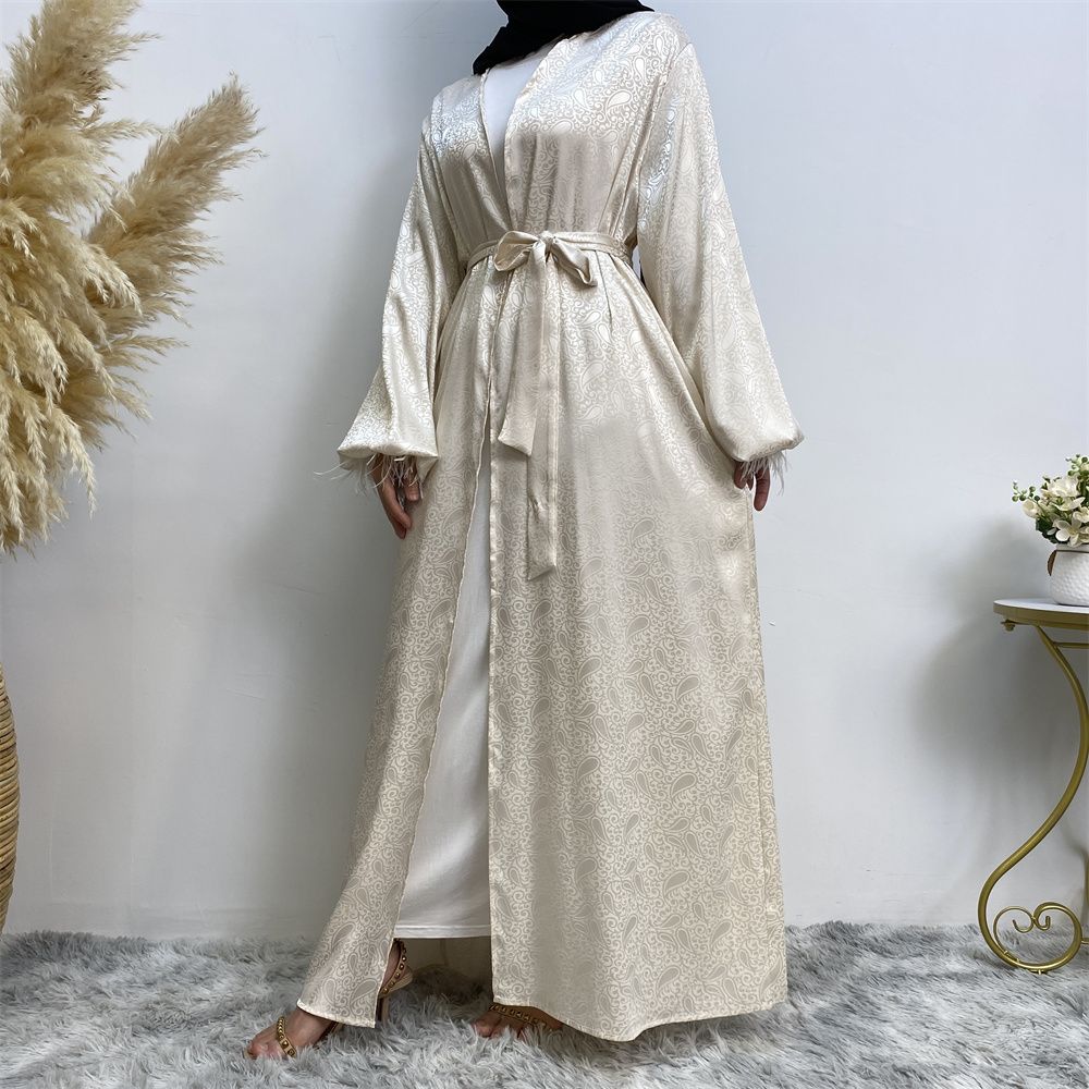 Middle Eastern women's fashion Muslim women's clothing, printed satin long-sleeved feather cardigan dress, long robe