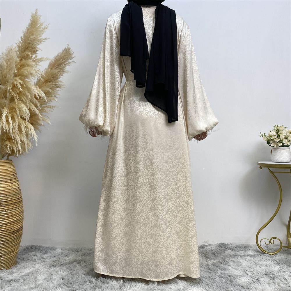 Middle Eastern women's fashion Muslim women's clothing, printed satin long-sleeved feather cardigan dress, long robe