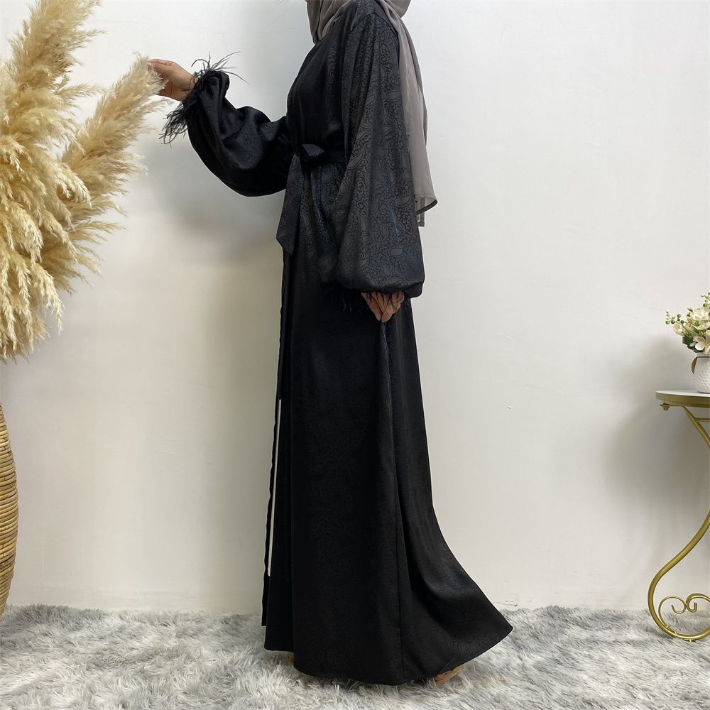 Middle Eastern women's fashion Muslim women's clothing, printed satin long-sleeved feather cardigan dress, long robe