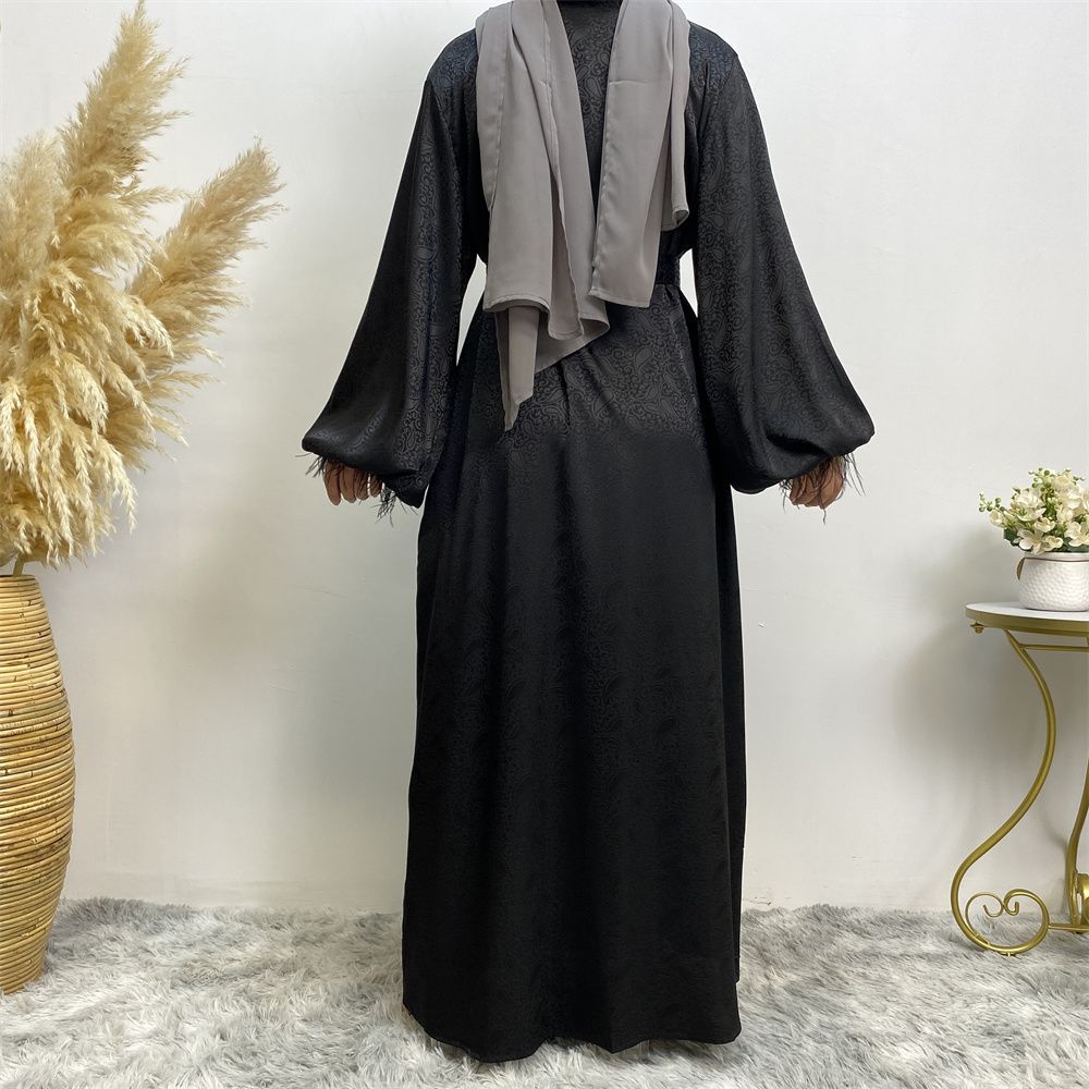 Middle Eastern women's fashion Muslim women's clothing, printed satin long-sleeved feather cardigan dress, long robe