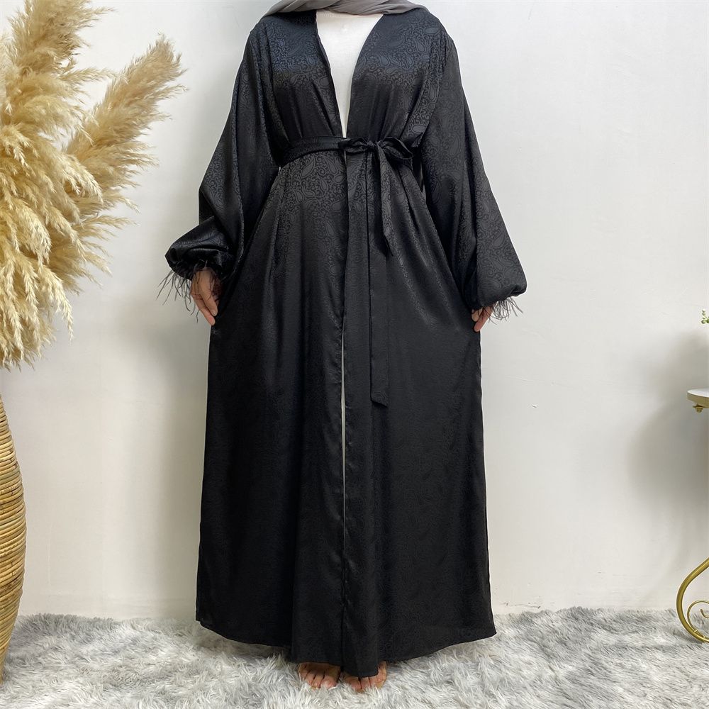 Middle Eastern women's fashion Muslim women's clothing, printed satin long-sleeved feather cardigan dress, long robe