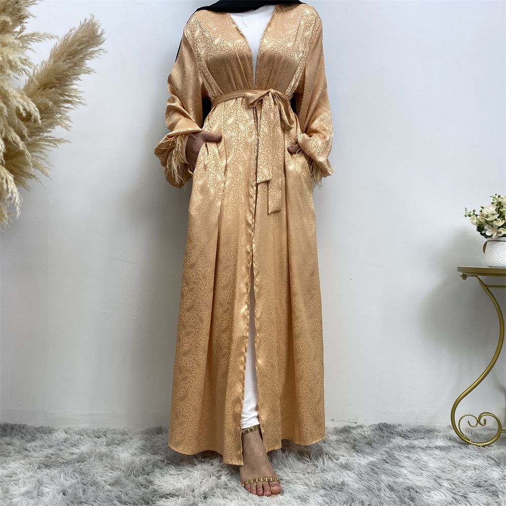 Middle Eastern women's fashion Muslim women's clothing, printed satin long-sleeved feather cardigan dress, long robe