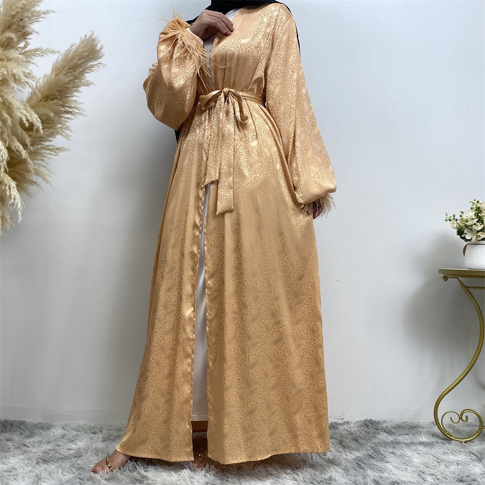 Middle Eastern women's fashion Muslim women's clothing, printed satin long-sleeved feather cardigan dress, long robe