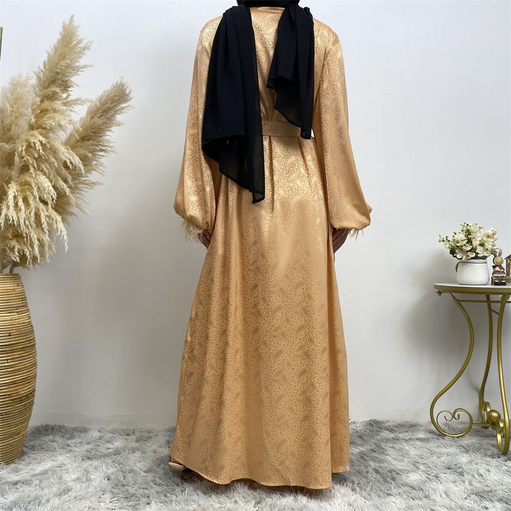 Middle Eastern women's fashion Muslim women's clothing, printed satin long-sleeved feather cardigan dress, long robe