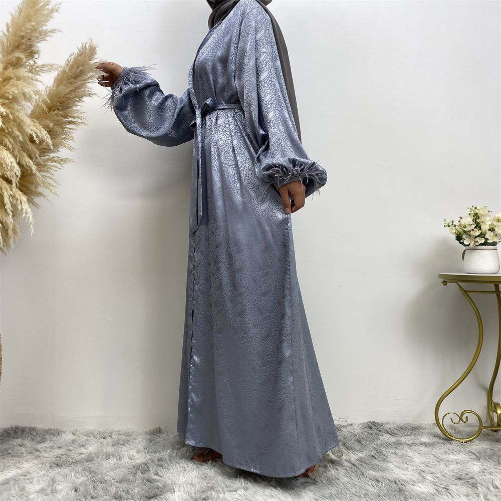 Middle Eastern women's fashion Muslim women's clothing, printed satin long-sleeved feather cardigan dress, long robe
