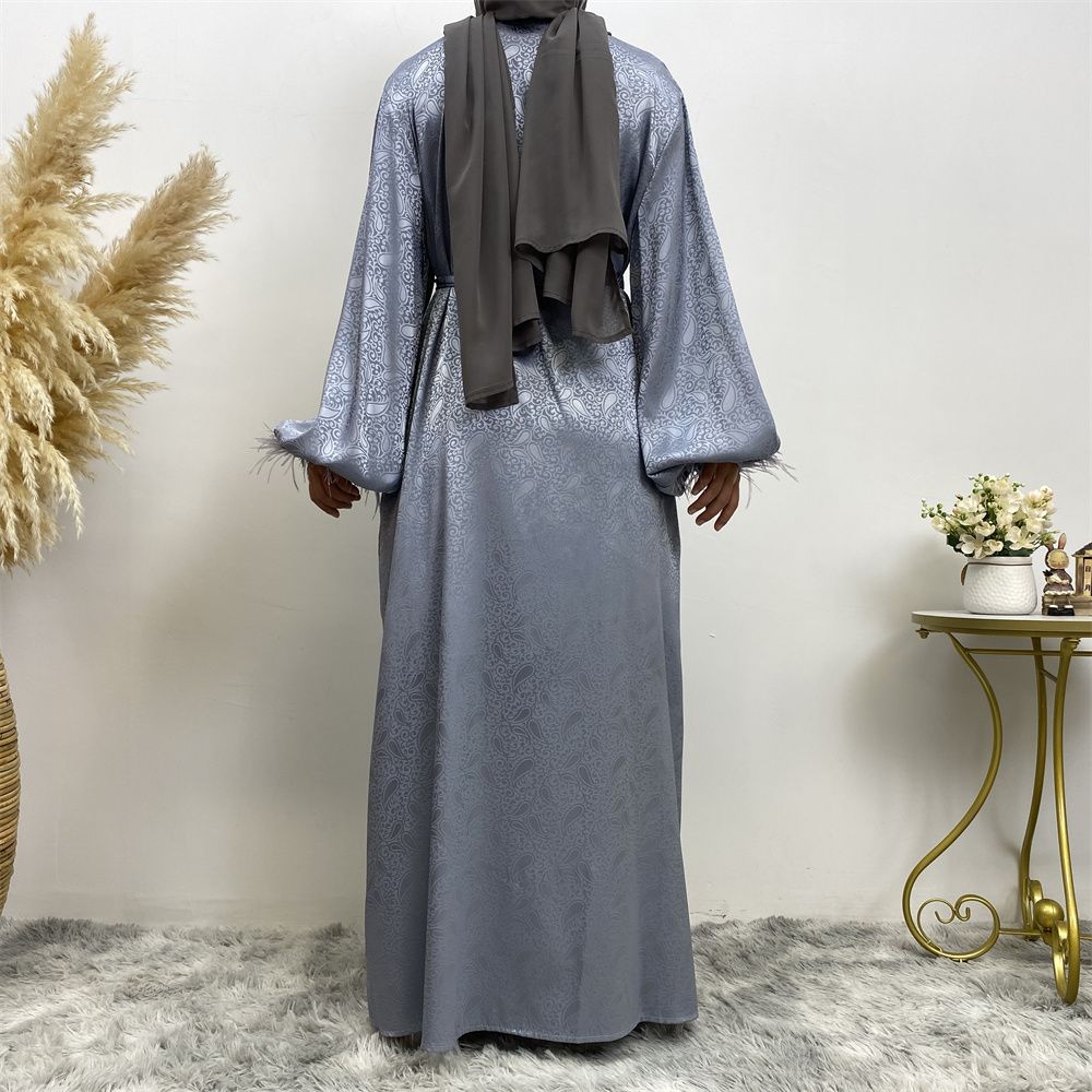 Middle Eastern women's fashion Muslim women's clothing, printed satin long-sleeved feather cardigan dress, long robe