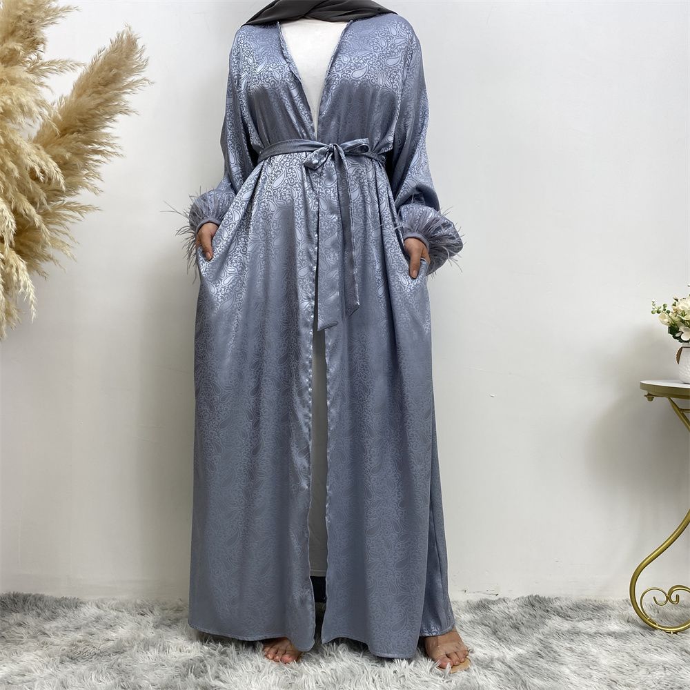 Middle Eastern women's fashion Muslim women's clothing, printed satin long-sleeved feather cardigan dress, long robe