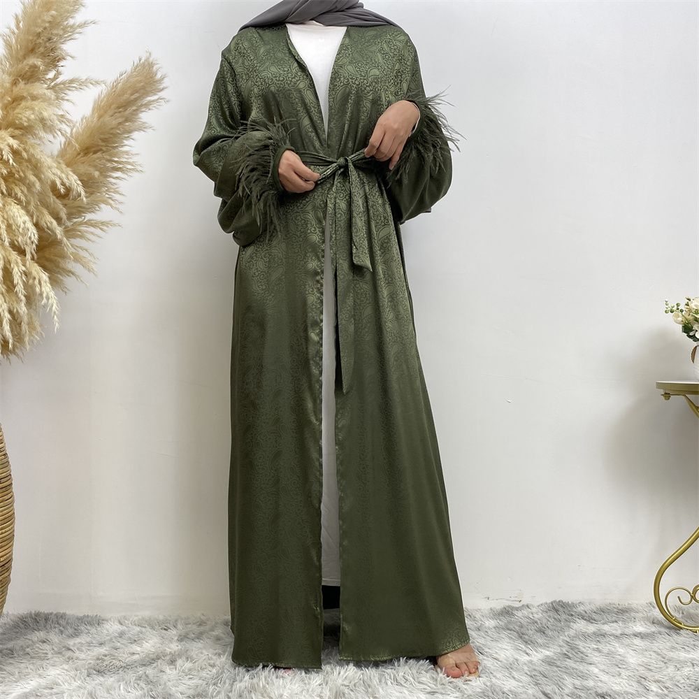 Middle Eastern women's fashion Muslim women's clothing, printed satin long-sleeved feather cardigan dress, long robe
