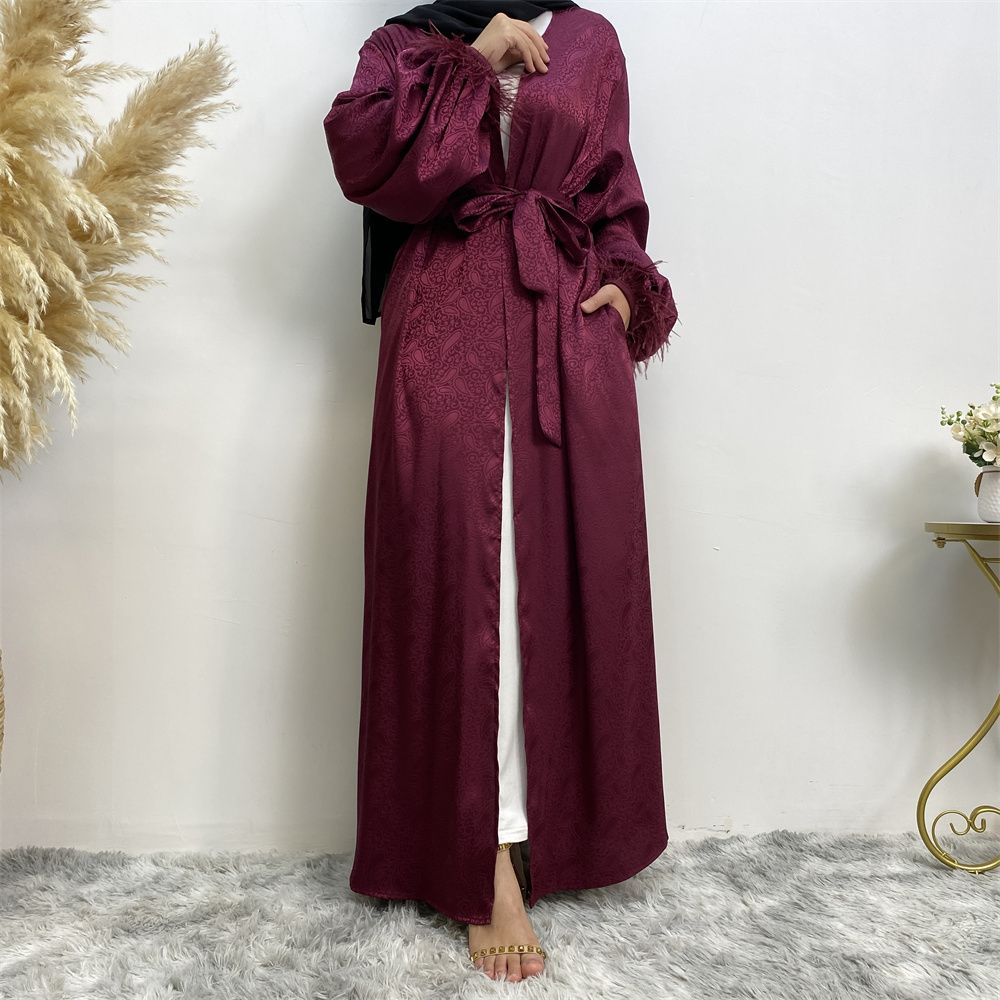 Middle Eastern women's fashion Muslim women's clothing, printed satin long-sleeved feather cardigan dress, long robe