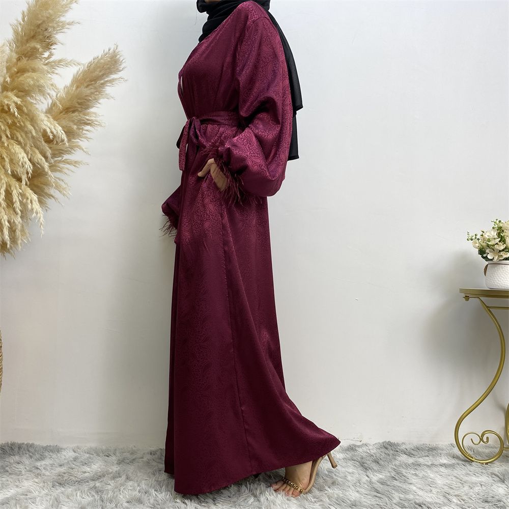 Middle Eastern women's fashion Muslim women's clothing, printed satin long-sleeved feather cardigan dress, long robe
