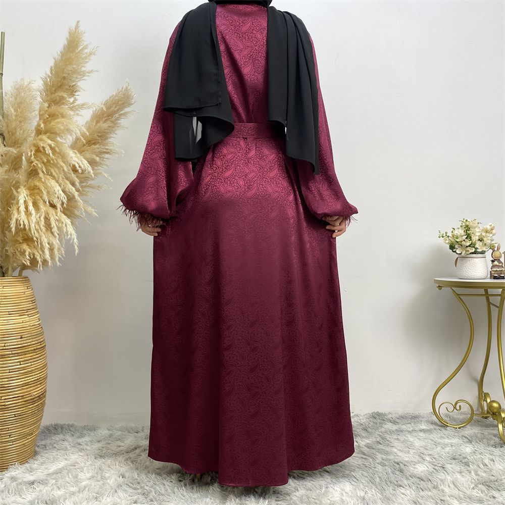 Middle Eastern women's fashion Muslim women's clothing, printed satin long-sleeved feather cardigan dress, long robe