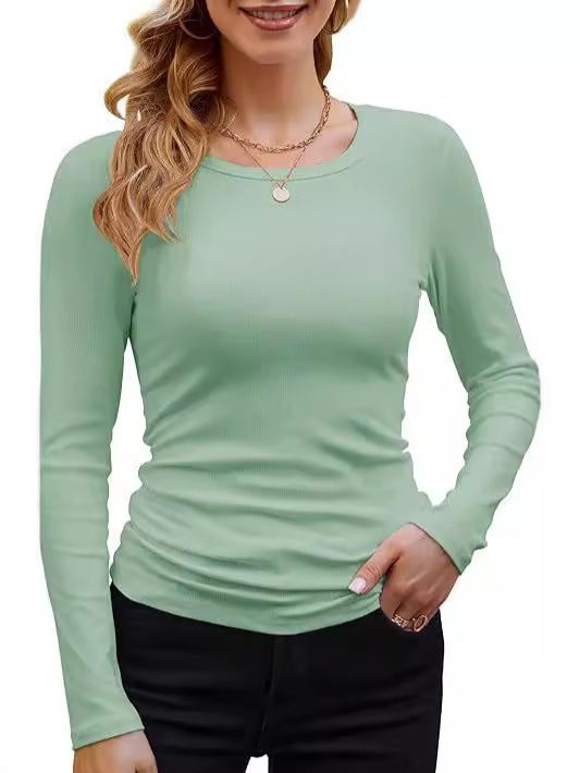 2025 Cross-border Africa Women's Ribbed Cotton-blend Basic Round Neck Solid Color Long-sleeved T-shirt Slim Fit