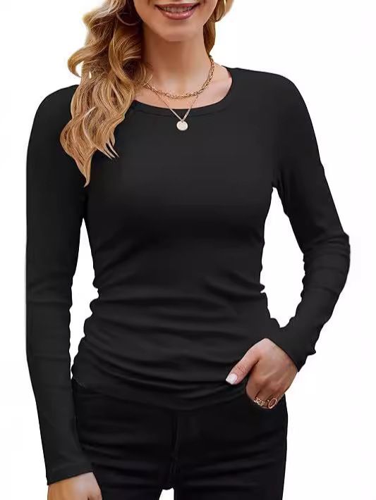 2025 Cross-border Africa Women's Ribbed Cotton-blend Basic Round Neck Solid Color Long-sleeved T-shirt Slim Fit