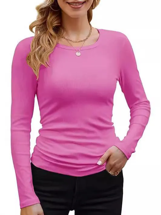 2025 Cross-border Africa Women's Ribbed Cotton-blend Basic Round Neck Solid Color Long-sleeved T-shirt Slim Fit