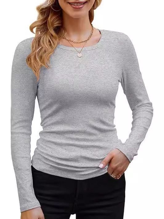 2025 Cross-border Africa Women's Ribbed Cotton-blend Basic Round Neck Solid Color Long-sleeved T-shirt Slim Fit