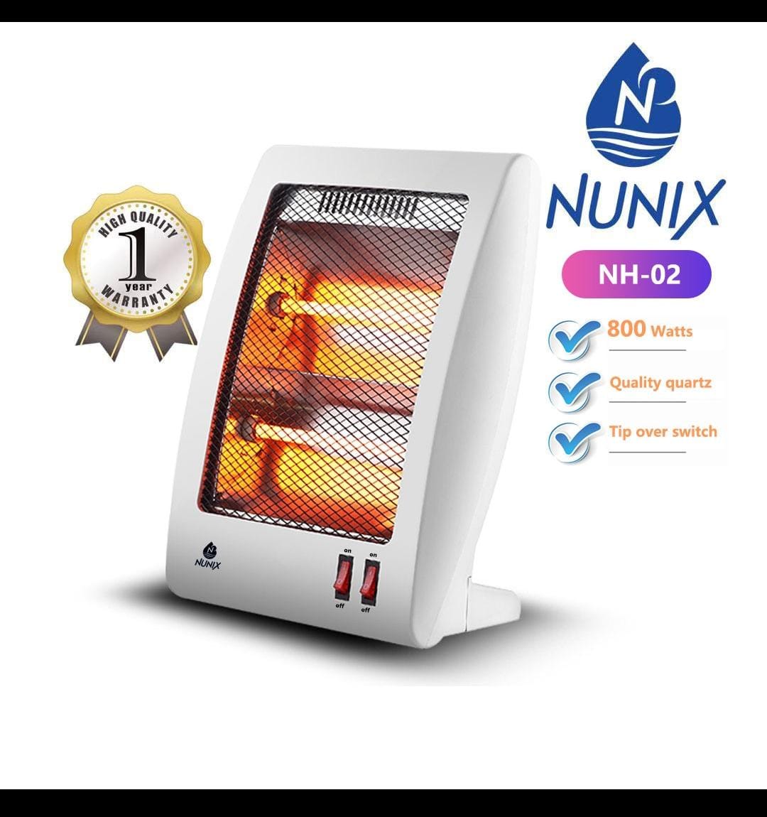 Nunix NH-02 Quartz Portable Electric Room Heater - 800watts, Perfect for all spaces, Two button manual controls.