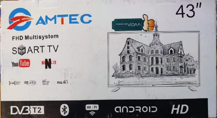 AMTEC 43" INCH FRAMELESS,BLUETOOTH-ENABLED, FULL- HD SMART TV ANDROID TV NETFLIX ,YOUTUBE TELEVISION INBUILT DECODER, BUILT-IN WIFI, APP STORE 1GB-RAM 8GB-ROM 2*USB