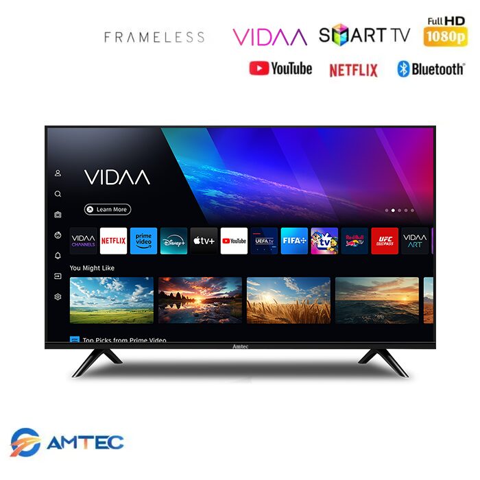 AMTEC 43" INCH FRAMELESS,BLUETOOTH-ENABLED, FULL- HD SMART TV ANDROID TV NETFLIX ,YOUTUBE TELEVISION INBUILT DECODER, BUILT-IN WIFI, APP STORE 1GB-RAM 8GB-ROM 2*USB