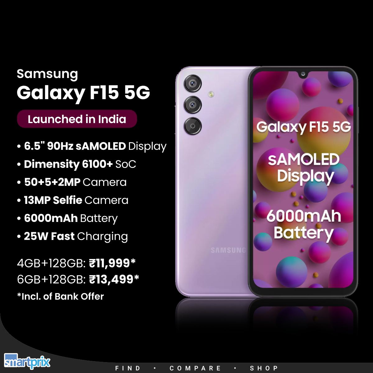 [New Arrival] Samsung Galaxy F15 5G 6GB+128GB 6.6" 90Hz Super AMOLED Display 50MP+13MP Camera 6000mAh Battery 25W Charging MTK Dimensity 6100+ Processor Smart Phones