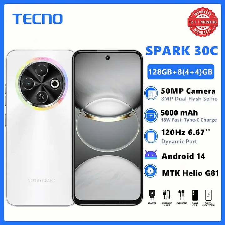 TECNO SPARK 30C 128GB +8(4+4)GB 120Hz 6.6" Dynamic Port 50MP Dual Speakers 7.8mm Ultra Slim 5000mAh 18W Type-C Dual SIM 4G Smart Phones Side Fingerprint phone