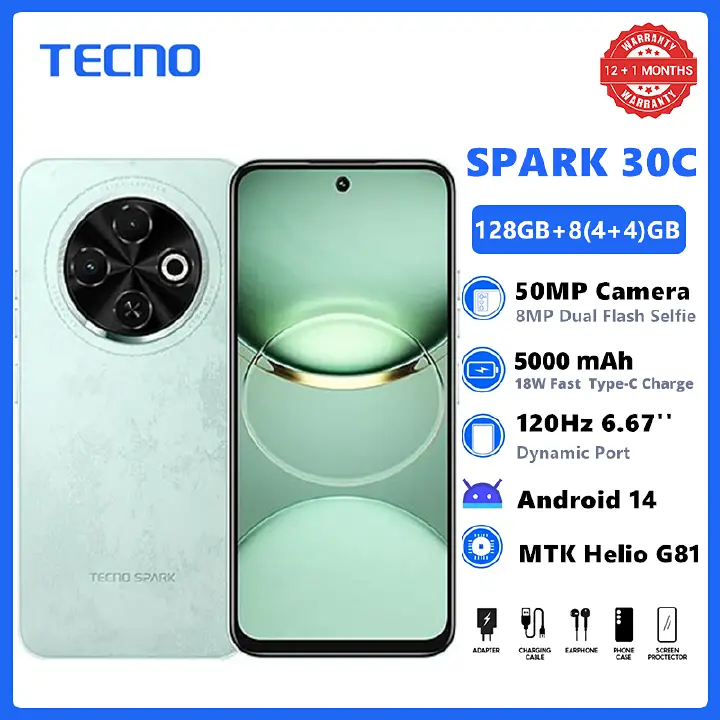 TECNO SPARK 30C 128GB +8(4+4)GB 120Hz 6.6" Dynamic Port 50MP Dual Speakers 7.8mm Ultra Slim 5000mAh 18W Type-C Dual SIM 4G Smart Phones Side Fingerprint phone