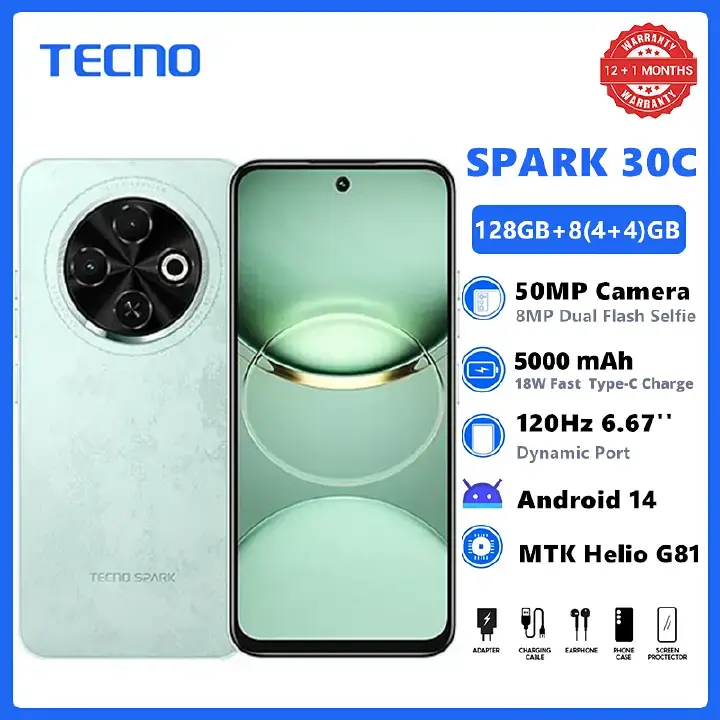 TECNO SPARK 30C 128GB +8(4+4)GB 120Hz 6.6" Dynamic Port 50MP Dual Speakers 7.8mm Ultra Slim 5000mAh 18W Type-C Dual SIM 4G Smart Phones Side Fingerprint phone