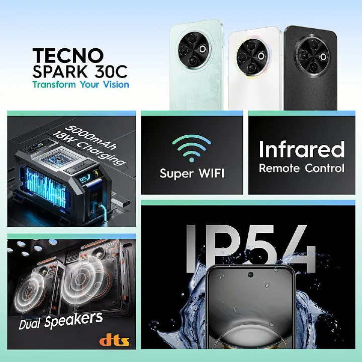 TECNO SPARK 30C 128GB +8(4+4)GB 120Hz 6.6" Dynamic Port 50MP Dual Speakers 7.8mm Ultra Slim 5000mAh 18W Type-C Dual SIM 4G Smart Phones Side Fingerprint phone