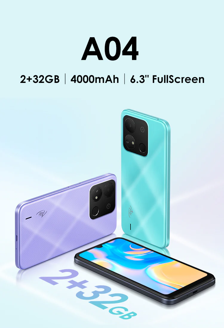 [New Arrival]Itel A04 6.3",(32GG ROM + 2GB RAM)4000mAh Battery,Dual Sim, Full HD Screen Fingerprint Sensor 3G Android Smartphones