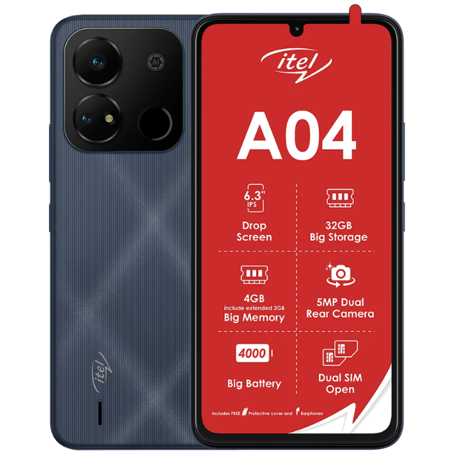 [New Arrival]Itel A04 6.3",(32GG ROM + 2GB RAM)4000mAh Battery,Dual Sim, Full HD Screen Fingerprint Sensor 3G Android Smartphones