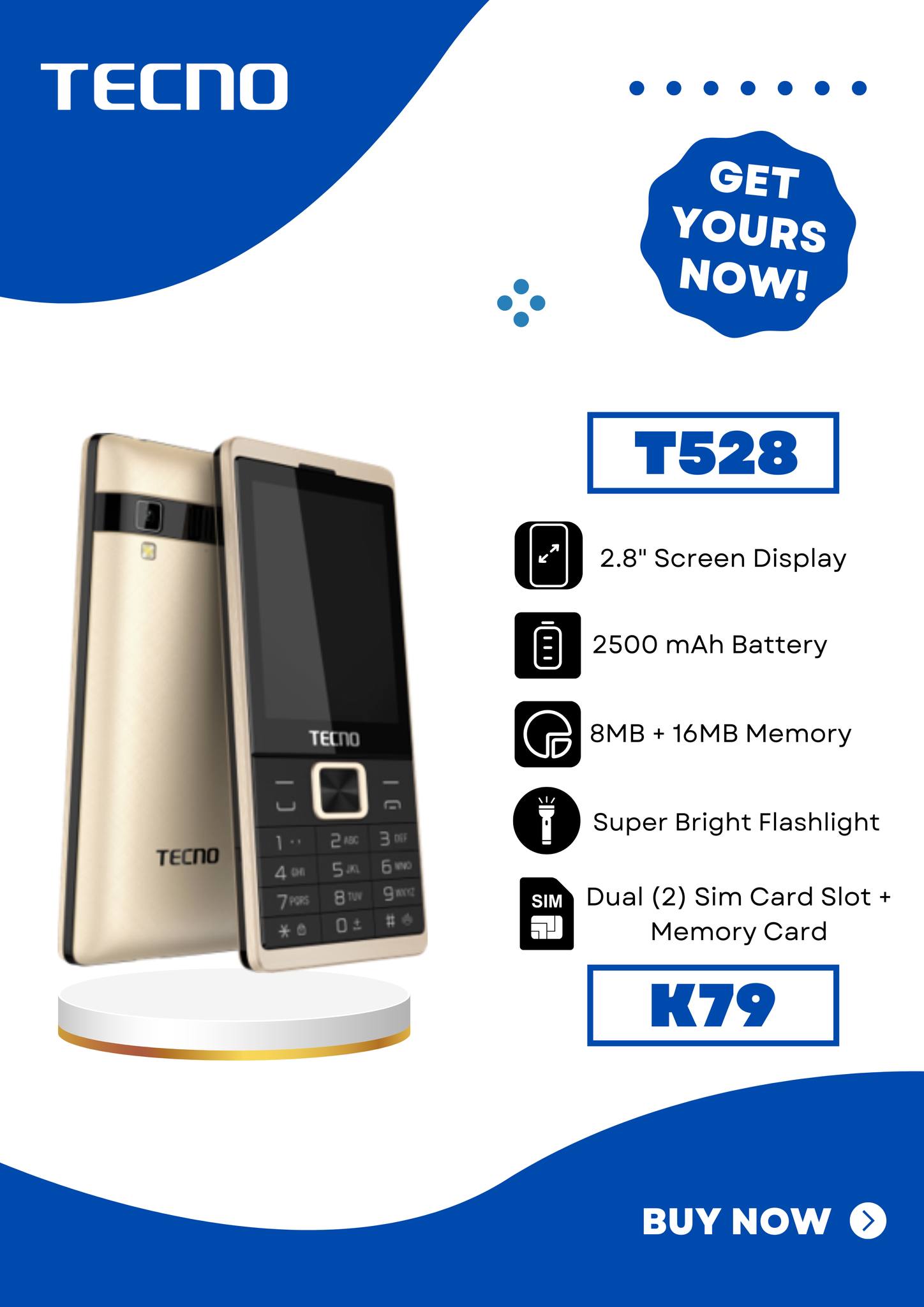 SPECIAL OFFER !!! BRAND NEW Tecno NEW T528 KABAMBE PHONE//3. SCREEN DISPLAY//FM LOUD SPEAKER WIRELESS//FACEBOOK//TYPE-C CHARGER// FEATURED PHONE