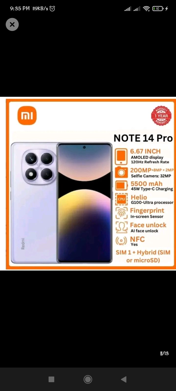 [Brand New] XIAOMI Redmi Note 14 Pro 12GB+512GB 6.67" 120Hz AMOLED Display 200MP Camera IP64 Dust and Splash Resistant 5500mAh Battery Under-display Fingerprint 45W Fast Charging Smart Phones