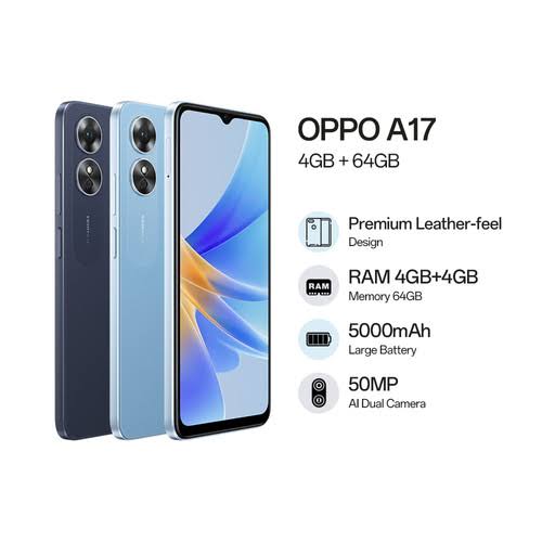 OPPO A17 6.56" 64GB+ 4GB RAM Side Fingerprint Unlock IPX4 Waterproof 5000mAh battery capacity 50mp main canera Android 12 4G-Dual SIM Smart Phones