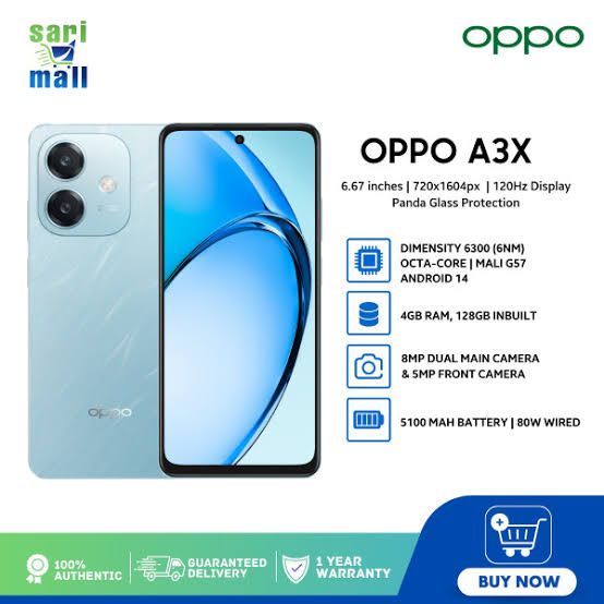 (Exclusive Deal)Brand New Oppo A3X, 6.67",  8.0 mp main camera Internal Memory 128GB, 6GB RAM, OS Android 14, Battery 5100mAh,45W, USB Type-C Android smartphones