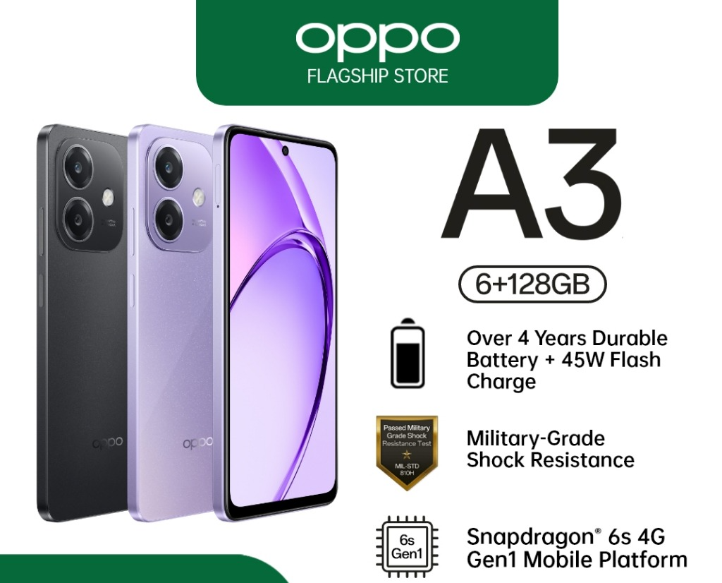 [New Arrival] Oppo A3 6GB RAM+128GB ROM 6.67" 90Hz LCD Display 50MP+5MP Camera 5100 mAh Battery (Dual SIM) Android 14 Fingerprint 2yr-Warranty (TYP) 4G Smartphones