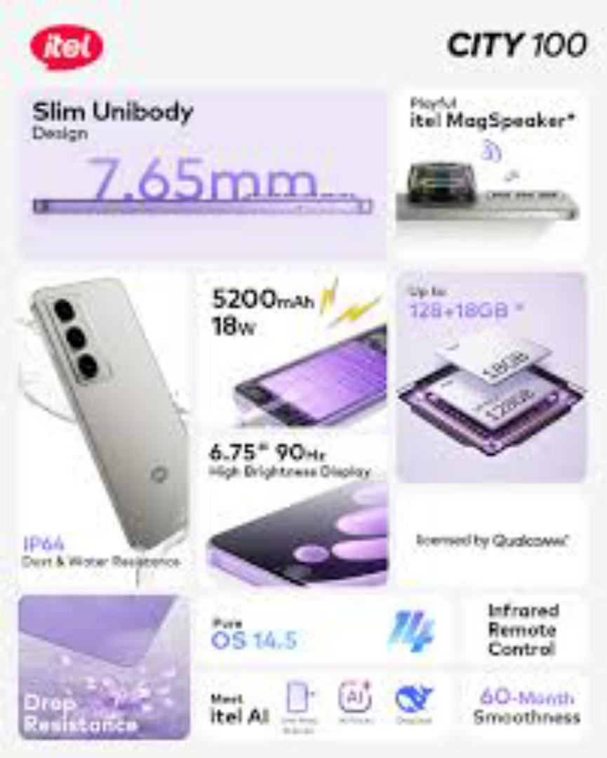 Itel City 100 6GB+128GB 6.75" 90Hz Display 13MP Camera Huge 5200mAh Battery 18W Fast Charging LED Flash Light IP64 Dust/Water Resistant Android Smartphone Mobile Phones