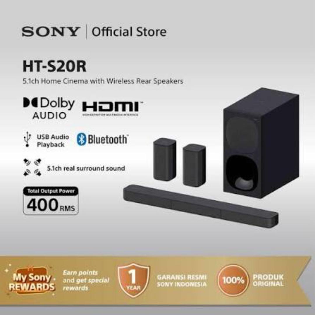 Sony HT-S20R Real 5.1ch Dolby Digital Soundbar for TV with subwoofer and Compact Rear Speakers, 5.1ch Home Theatre System (400W,Bluetooth & USB Connectivity, HDMI & Optical connectivity)