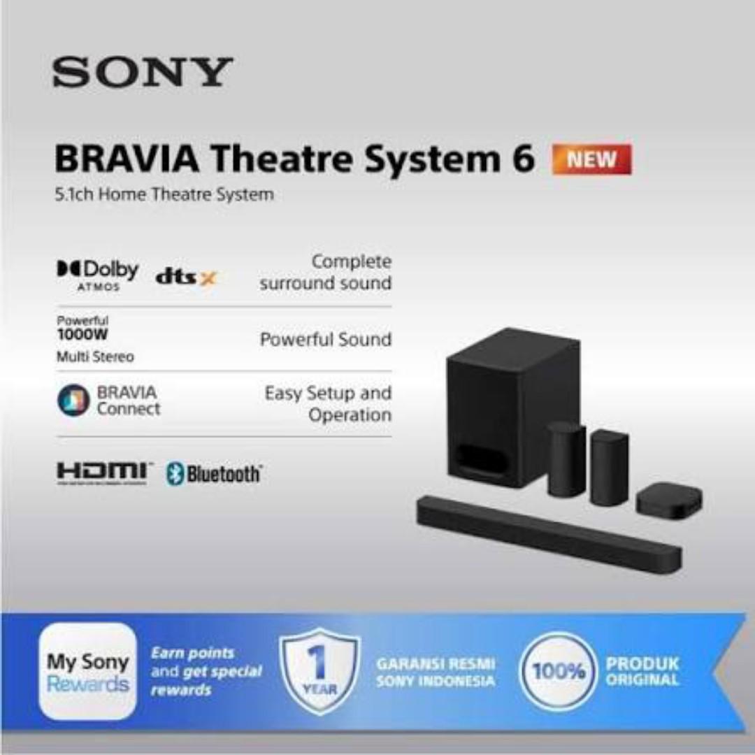 Sony HT-S60 Bravia Theatre System 6 Real 5.1ch 1000W,Dolby Atmos/DTS:X Soundbar Home Theatre with Powerful subwoofer & Wireless Rear Speakers,Voice Zoom3,BCA App, Bluetooth,HDMI eARC