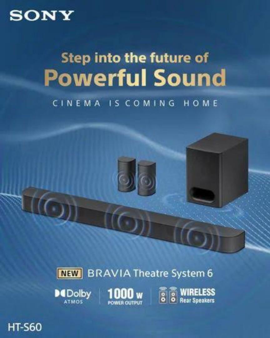 Sony HT-S60 Bravia Theatre System 6 Real 5.1ch 1000W,Dolby Atmos/DTS:X Soundbar Home Theatre with Powerful subwoofer & Wireless Rear Speakers,Voice Zoom3,BCA App, Bluetooth,HDMI eARC
