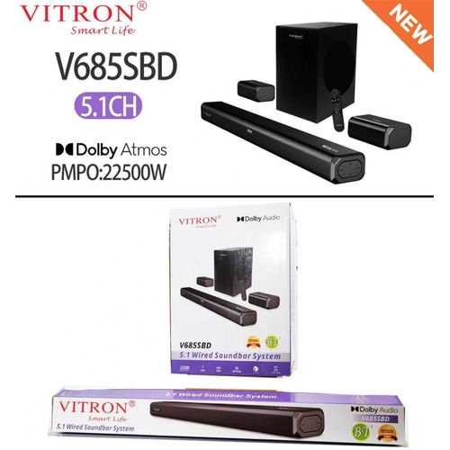 Vitron V685SBD 5.1CH 22500W PMPO Dolby Surround Sound, Home Theater System with 6.5″ Subwoofer 5 Satellites, 100W+25W×5 RMS Bluetooth Woofer Soundbar Complete Cinema Experience