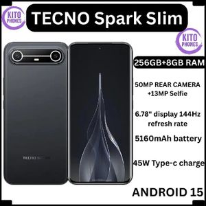 TECNO SPARK SLIM, 8GB RAM 256GB ROM, 5160mAh BATTERY WITH 45W SUPER CHARGING, IP64-RATED SPLASH AND DUST RESISTANCE, 6.78" AMOLED DISPLAY, 50MP MAIN CAMERA 13MP FRONT CAMERA-1 YEAR WARRANTY