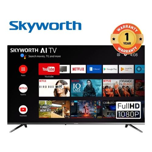 SKYWORTH 43" INCH BLUETOOTH ENABLED FRAMELESS FHD SMART TV ANDROID TELEVISION NETFLIX YOUTUBE 43 INCH BUILT-IN WIFI APPSTORE 1GB RAM 8GBROM 2*USB PORTS,3*HDMI PORT-1 YEAR WARRANTY