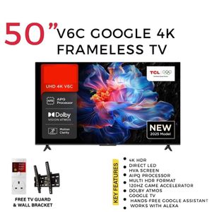 TCL 50" Inch 50V6C 4K ULTRA HD Smart TV with Google Dolby Vision, Atmos, HDR Pro+, Game Accelerator Enhanced Gaming, Voice Control-1 year warranty