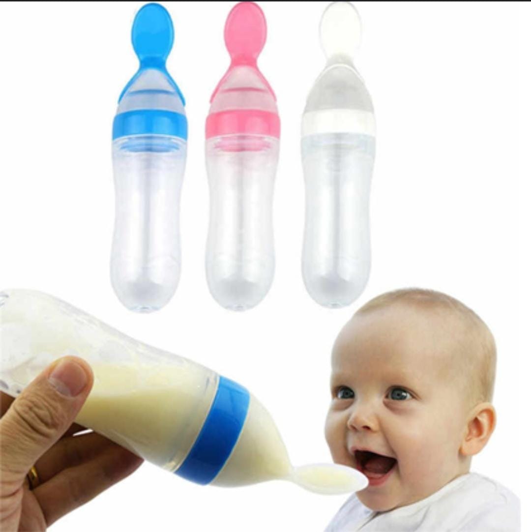 🍼90ml Soft Silicone baby feeding bottle with spoon tip.Food grade silicone spoon helps relieve teething omfort and massage baby's gums - Spoon feeder improves hand-eye coordination.