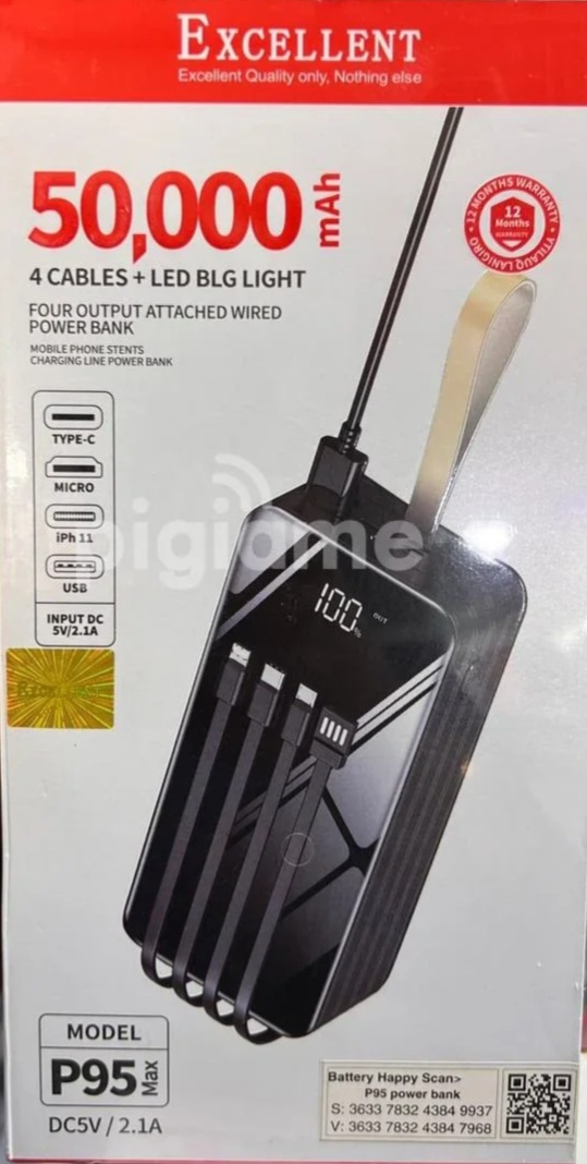 EXCELLENT P95 Max 50,000mAh Power Bank with 4 Cables & LED Big Light