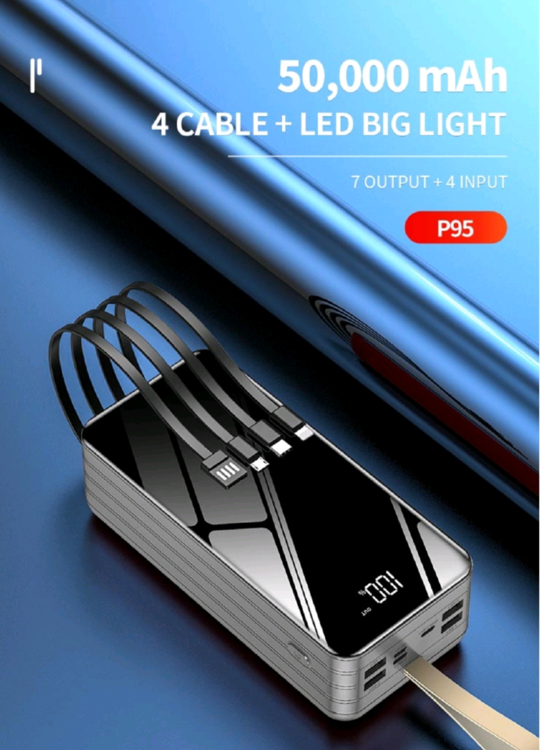 EXCELLENT P95 Max 50,000mAh Power Bank with 4 Cables & LED Big Light